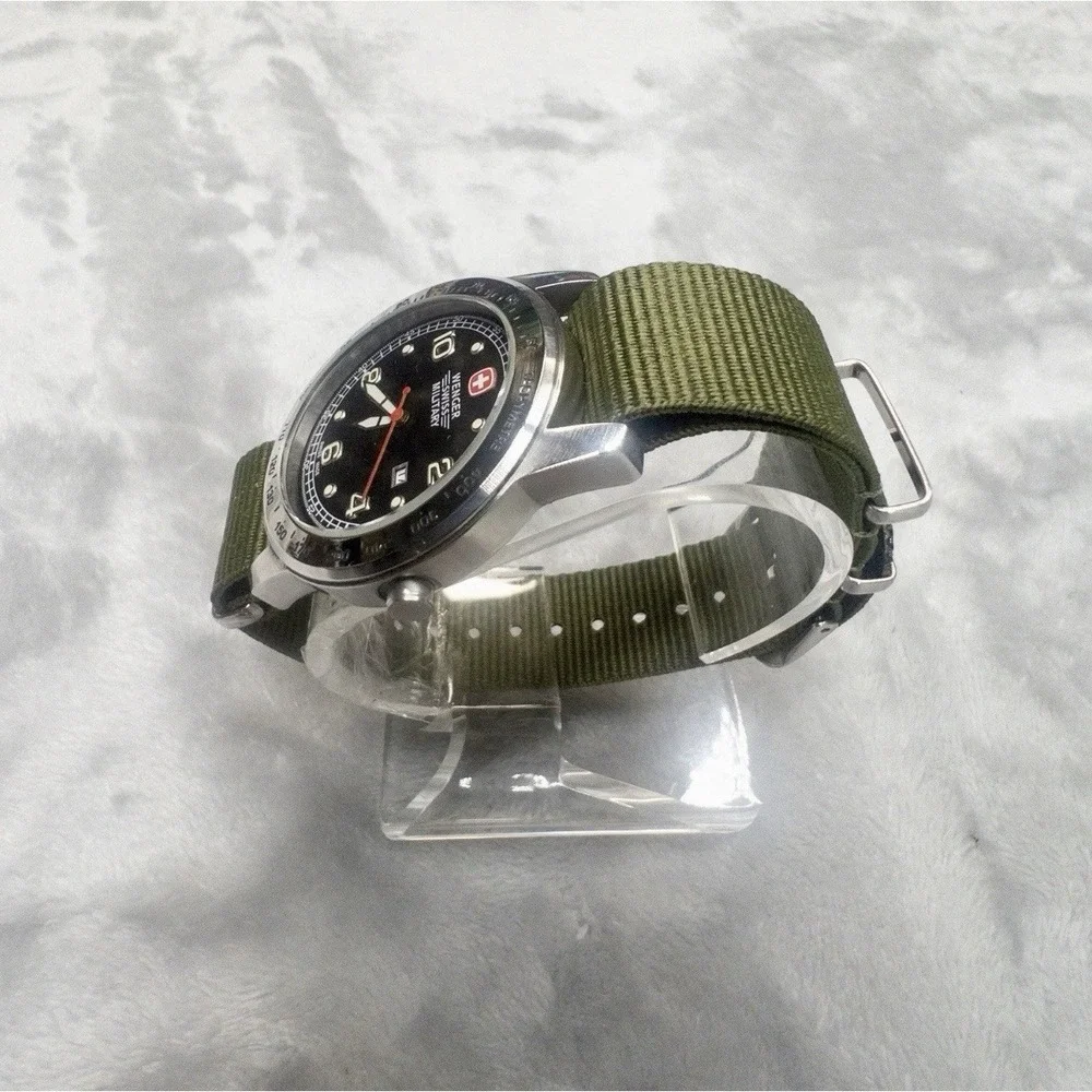 Wenger Swiss Military Mens 38mm Watch Black Dial Tachymeter New Battery Strap